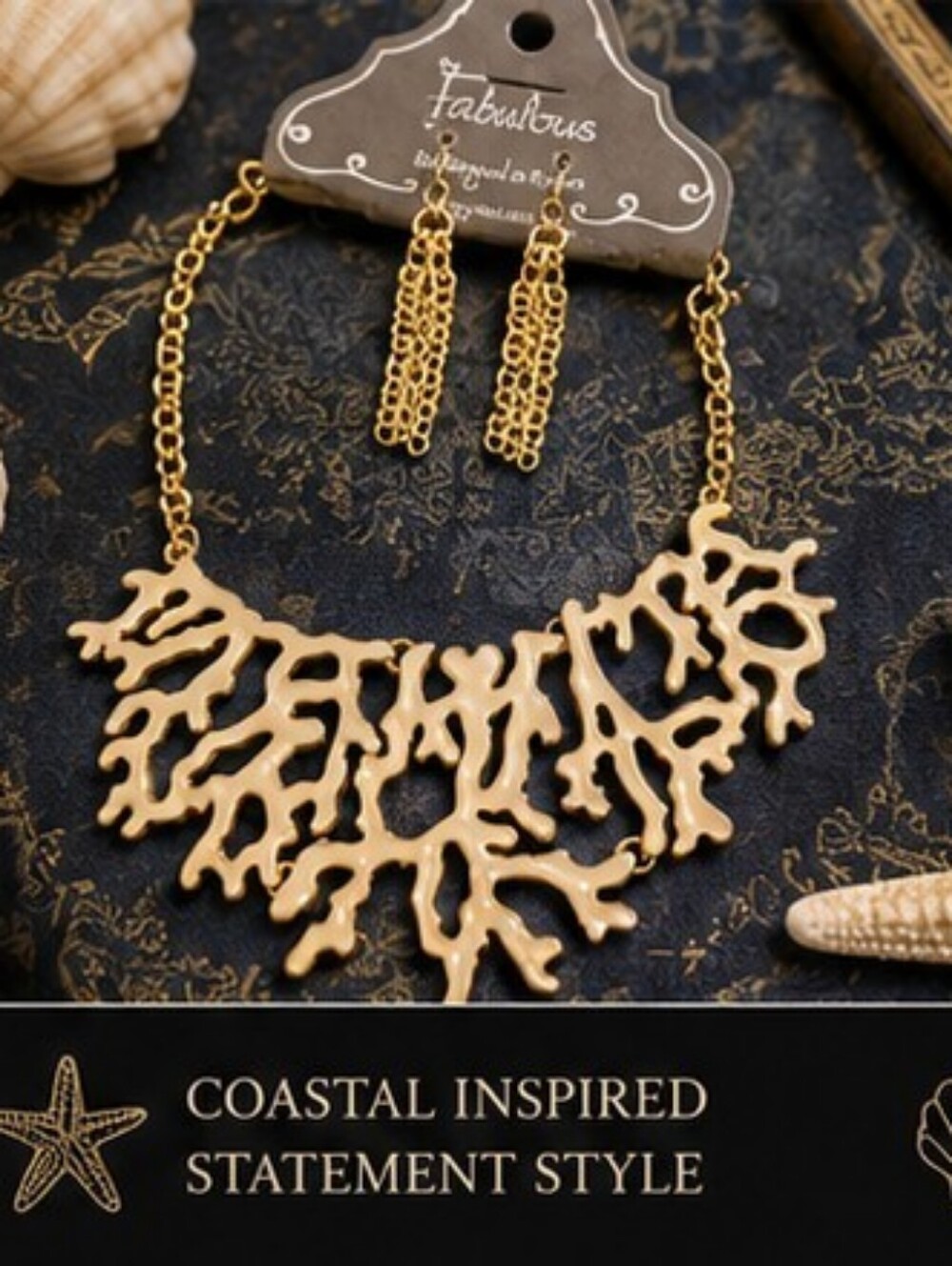 Fabulous NOS Cream Coral Branch Statement Necklace Earrings Set Gold Tone - Picture 3 of 9